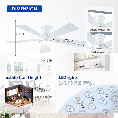 Hounberi 46 Inch Flush Mount Ceiling Fan with Lights and Remote, Modern Quiet DC Motor Low Profile Ceiling Fan for Low Ceilings, 5 Reversible Blades, 6 Speeds Dimmable, Indoor Outdoor Bedroom, White