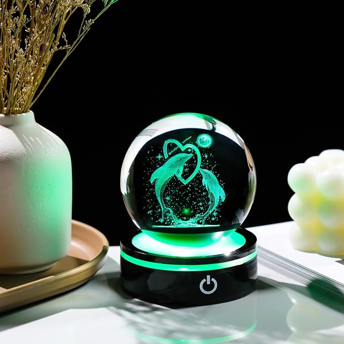 YWHL 3D Dolphin Figurines Crystal Ball with Colorful Light Base, Dolphin Gifts for Women Men on Birthday, Laser Engraved Glass Collectibles Sphere for Home Decor (80mm)