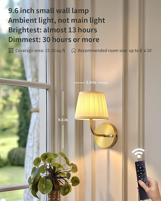 PUSU LED Cordless Gold H9.6 inch Small Wall Sconces Set of 2, Rechargeable 5200mAh Battery Operated Fabric Wall Lamp with Remote, Lighting for Living Room, Bedroom, Hallway, Bathroom, Stairs, Kitchen