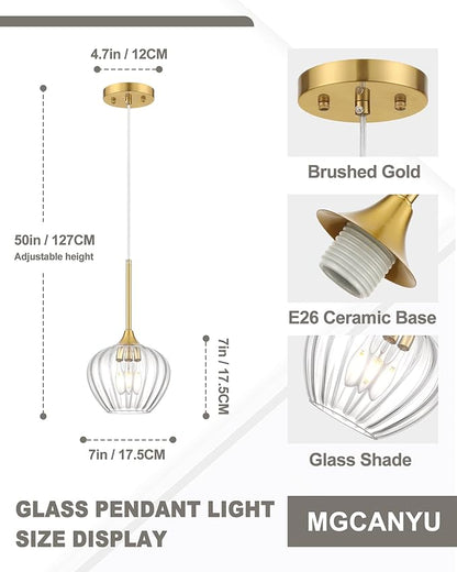 2-Pack Glass Pendant Lights Kitchen Island, 7" Modern Gold Pendant Lighting Adjustable Hanging Light Fixtures for Kitchen, Dining Room, Bathroom, Bedroom