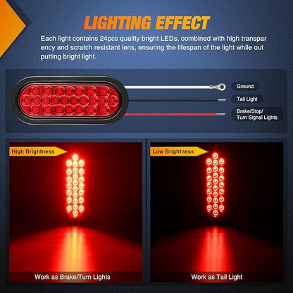 Nilight 6Inch Oval Trailer Tail Light 4PCS Red 24LED Stop Brake Turn Marker Lights w/Flush Mount Grommets Plugs IP67 Waterproof for 12V Truck ATV UTV Bus RV Camper