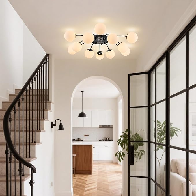 Longree 12-Light Black and White Sputnik Chandelier Opal Glass Flush Mount Ceiling Light Fixture with Blossom Accent, Mid Century Milk Glass Bubble Starburst Lighting for Dining Living