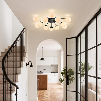 Longree 12-Light Black and White Sputnik Chandelier Opal Glass Flush Mount Ceiling Light Fixture with Blossom Accent, Mid Century Milk Glass Bubble Starburst Lighting for Dining Living
