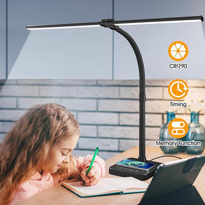 ShineTech LED Desk Lamp for Home Office, 24W Double Head Desk Light with Wireless Charging, USB Port, 25 Lighting Modes Adjustable Lamps