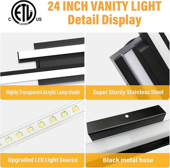 Bathroom Light Fixtures Over Mirror: 24-inch Modern Black LED Vanity Light Bar ETL Certified | Retractable Dimmable Bathroom Lamp IP44 - Wall Light Fixture 25W 5000K Cool White(1 Pack)