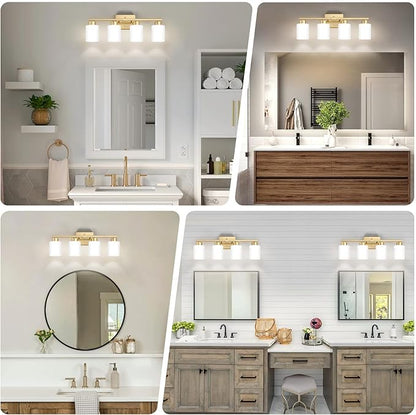 FonmYim Gold Bathroom Light Fixtures, 4-Light Modern Vanity Light Over Mirror, Wall Sconces with Milky White Frosted Glass Shades, E26 Socket (Bulbs Not Included)