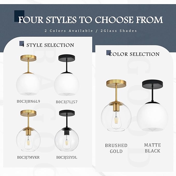 Bagood Black Semi Flush Mount Ceiling Light Fixture with Clear Glass Light Fixture Mid Century Light Fixtures Black Semi Flush Ceiling Light Fixtures for Dining Room Kitchen (Bulb Included)