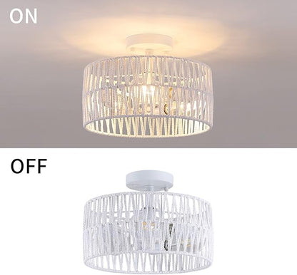 3-Light Coastal White Woven Flush Mount Light Fixture Boho Hemp Rope Semi Flush Mount Ceiling Light for Hallway Bedroom Kitchen Entryway Farmhouse Living Room, White