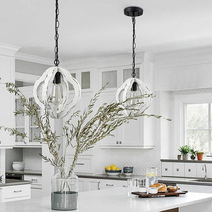 SAMTEEN Farmhouse Wood Pendant Light Distressed White Wood Chandelier Lighting with Adjustable Chain Wooden Hanging Light Fixtures for Kitchen Island Dining Room Bedroom