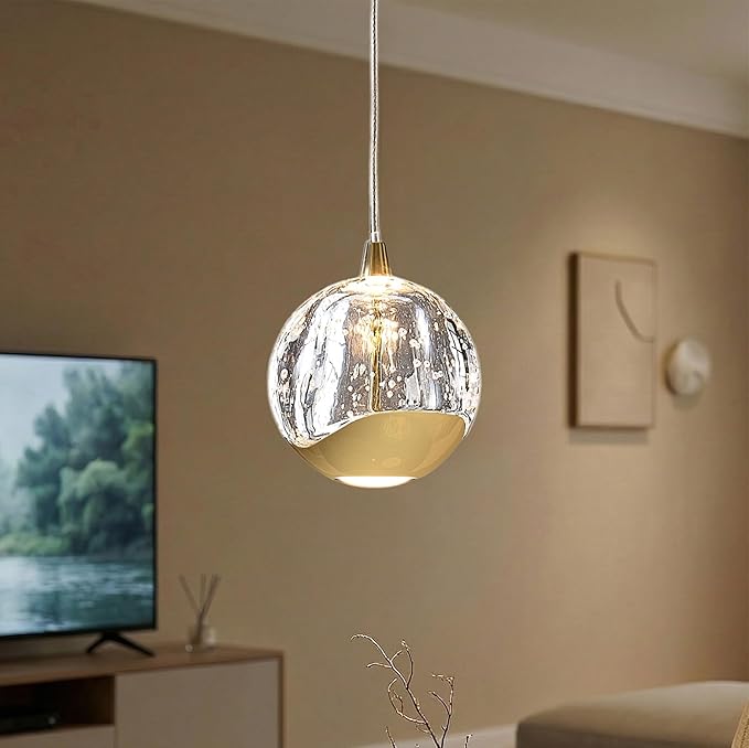 Modern Gold Single Pendant Light with Bubble Glass, Small Globe Pendant Light 70.86" Drop, Kitchen Pendant Lighting Over Island, Bar, Entryway, Warm White 3000K, 519 lm, Ø 4.73"