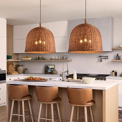 HUEHENGHAO 16.54" Dark Brown Rattan Pendant Light, 3-Light Rattan Chandelier Handmade Woven, Wicker Basket Chandelier Farmhouse for Dining Living Bedroom Kitchen