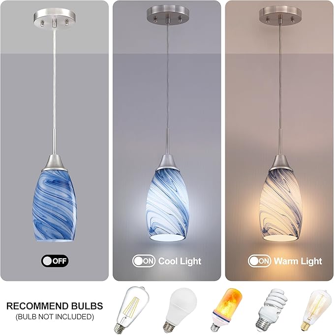 Viinew Glass Pendant Light with Handblown Dark Blue Marble Art Glass Shade Ceiling Light 3-Pack Mini Hanging Pendant Light for Kitchen Island,Dining Room,Living,Foyer,Hallway