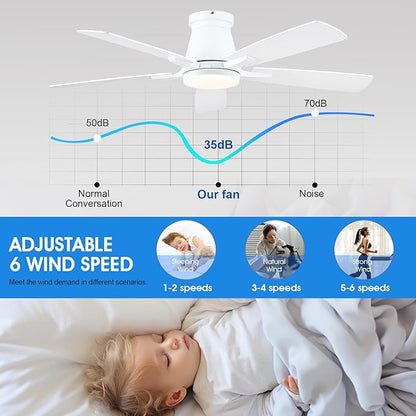 Surtime 52" Ceiling Fans with Lights-Low Profile Ceiling Fan with Light and Remote/APP Control,Flush Mount,White Ceiling Fans for Bedroom,Indoor/Outdoor Patio Use