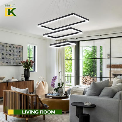 Benkut 3 Rings Modern LED Chandelier Black 31.5inch Rectangle Dimmable LED Pendant Light with Remote Control 3 Tier Flush Mount High Ceiling Light for Dining Living Room Foyer(3000K-6500K, H71)