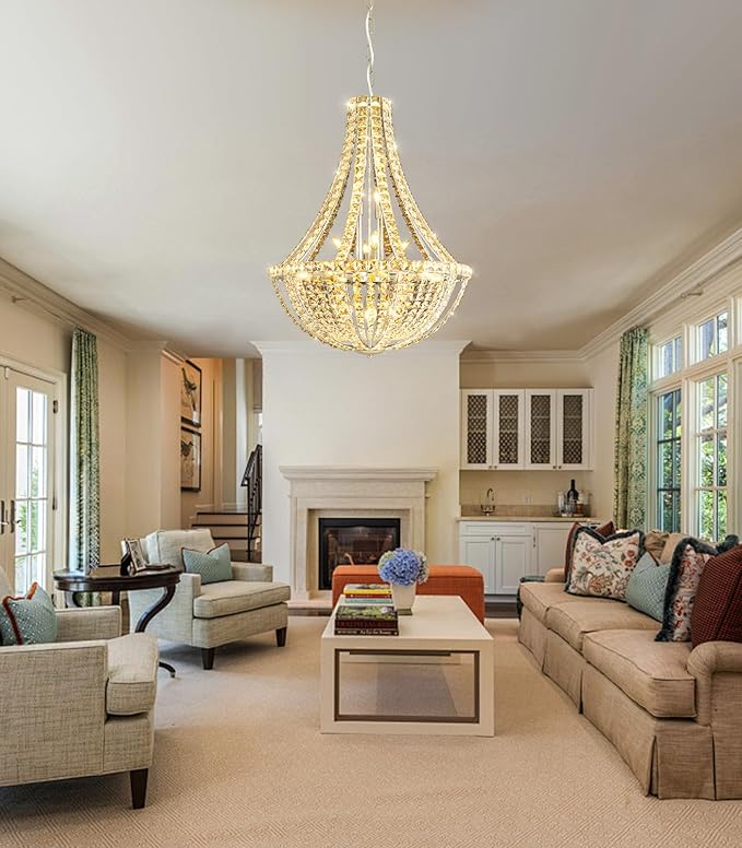 Luxury Large Empire Chandelier High Ceiling Crystal Chandeliers for Foyer Gold Light Fixture for Staircase Living Room E12 Bulbs Required