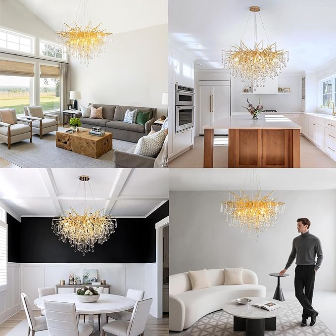 31.5 Inch Modern Crystal Chandeliers,10-Light Gold Tree Branch Chandelier Hanging Light Fixtures,Raindrop Chandeliers for Dining Room,Living Room