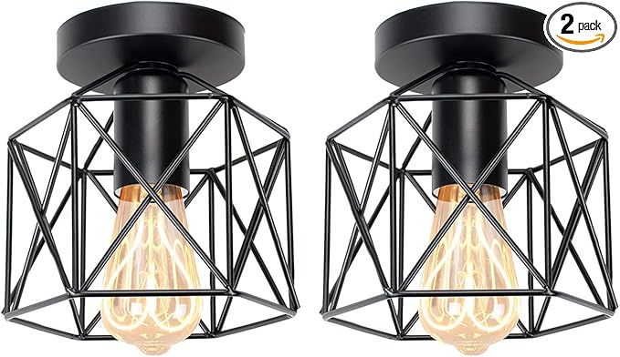 Hedume 2 Pack Semi-Flush Mount Ceiling Light, Retro Black Industrial Ceiling Light - Black Painting Metal Pendant Light Fixture for Hallway Stairway Bedroom Kitchen (E27)
