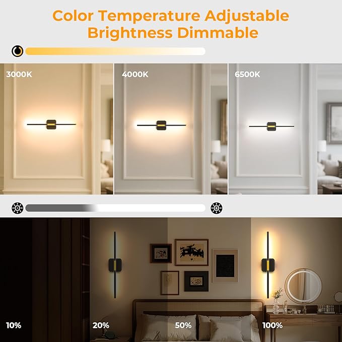 GvvooHome Battery Operated Wall Sconce Detachable 360°Rotate, Wireless Wall Lamp 3000-6500K Dimmable, 10000mAh Rechargeable Wall Light for Bedroom, Living Room，28.3" Black Gold (1 Pack)