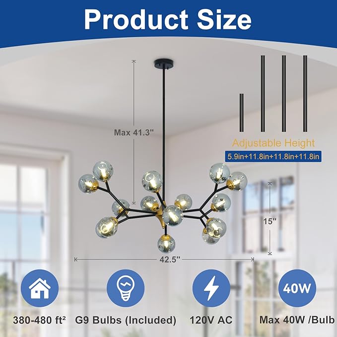 Depuley Glass Globe Sputnik Chandelier: 15-Light Modern Matte Black and Gold Ceiling Light Fixture - Vintage Hanging Chandeliers for Living Room Kitchen Dining Room Bedroom (Included G9 Bulbs)