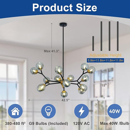 Depuley Glass Globe Sputnik Chandelier: 15-Light Modern Matte Black and Gold Ceiling Light Fixture - Vintage Hanging Chandeliers for Living Room Kitchen Dining Room Bedroom (Included G9 Bulbs)