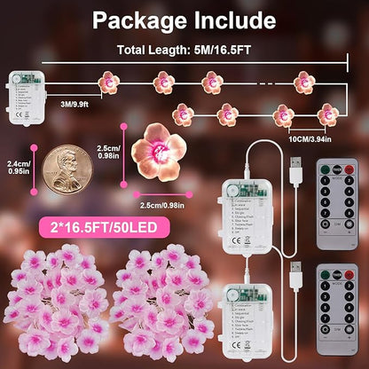 OMIKA Battery Operated String Lights Indoor, 2 Pack 16.5ft 50LED Cherry Blossom Bedroom Lights, Warm White Flower Light Decorative for Room Table Dorm Party Girl Mom Gift Wedding Christmas