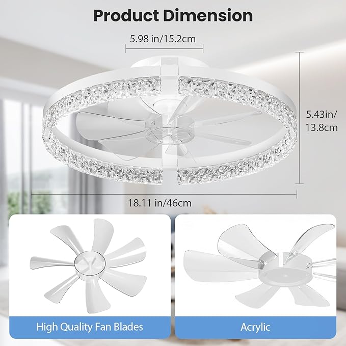 StarryEver LED Ceiling Fans with Lights and Remote, 18 inch Modern Smart Ceiling Fan, 6 Speeds and 3000K-6500K Stepless Dimmable Quiet Fan Lights Ceiling for Bedroom, Living Room, Dining Room, White