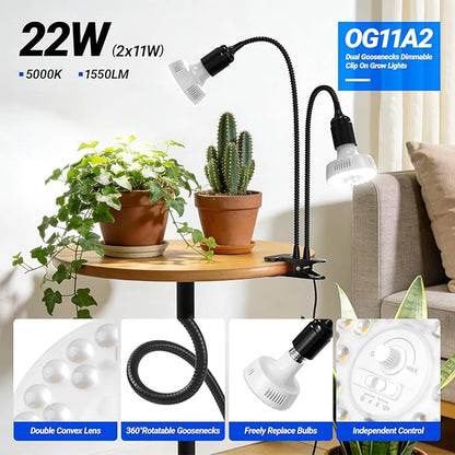 Barrina Orbgrow OG11A2 Clip On Grow Lights for Indoor Plants, Integrated Stepless Dimming & Timing, 5000K 22W(2 x 11W, 200 Watt Equiv), Full Spectrum 2-Gooseneck with E26 Plant Light Bulbs