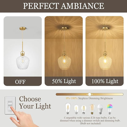 Brushed Gold Pendant Lights Kitchen Island, 10" Large Glass Pendant Light with Hammered Glass, Modern Hanging Lighting Fixtures for Kitchen Island Dining Room Entryway Foyer