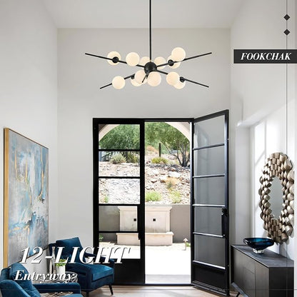 Large Black Sputnik Chandelier 39in 12-Light Frosted Glass Chandelier Light Fixture Mid-Century Modern Molecular Chandeliers for Living Room Dining Room Foyer Kitchen Bedroom