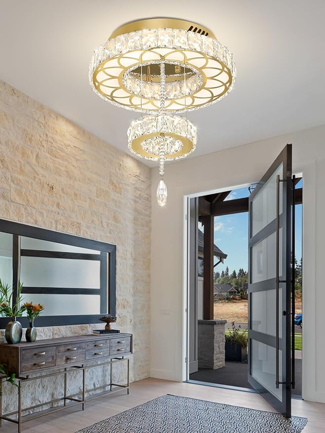 Flashing God Dia 12" Crystal Mini Chandelier Crystal Gold Ceiling Light Fixtures LED Flush Mount Ceiling Light for Living Room Bedrooms Dining Room Dimmable 2700k 4500k 6000k