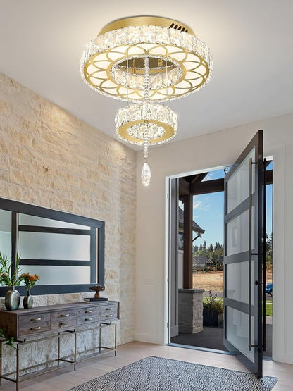 Flashing God Dia 12" Crystal Mini Chandelier Crystal Gold Ceiling Light Fixtures LED Flush Mount Ceiling Light for Living Room Bedrooms Dining Room Dimmable 2700k 4500k 6000k