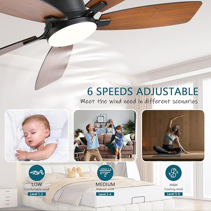 Ayaoty Ceiling Fans with Lights, 52 inch Low Profile Ceiling Fan with Light and Remote Control, Flush Mount, LED Dimmable DC Reversible Modern Ceiling Fan for Bedroom