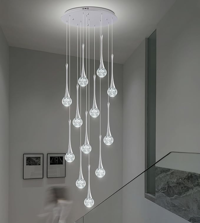Modern Chrome Crystal Chandelier for High Ceiling 12-Lights, 120 Inches Luxury Spiral Dimmable LED Bubble Raindrop Pendant Lighting Fixture for Staircase Foyer Entryway Living Room