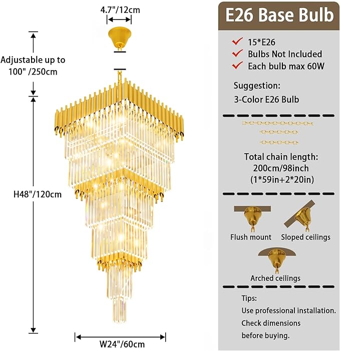 W24 x H80 Large Gold Chandeliers for High Ceiling, 15-Light Square Tiered K9 Crystal Raindrop Chandelier, Adjustable Height Luxury Pendant Light for Staircase, Villa Foyer, Entryway