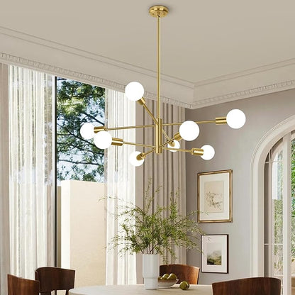 BesLowe 8-Light Modern Sputnik Chandelier, Mid Century Gold Chandeliers Lighting, Farmhouse Ceiling Hanging Light Fixture for Dining Room Bedroom Living Room Kitchen Foyer, Height Adjustable
