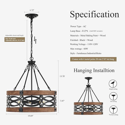 6-Light Farmhouse Drum Wood Pendant Light,19.7'' Vintage Rustic Brown Oak Wood Chandeliers,Retro Industrial Hanging Light Fixtures for Dining Room Entryway, Bedroom