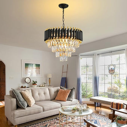Gold Modern Crystal Chandeliers 4-Tier K9 Round Black and Gold Crystal Chandelier Light Fixture 7 Lights Hanging Pendant Ceiling Light Fixture for Dining Room Living Room Bedroom Entryway Foyer W20in