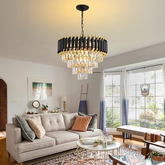 Gold Modern Crystal Chandeliers 4-Tier K9 Round Black and Gold Crystal Chandelier Light Fixture 7 Lights Hanging Pendant Ceiling Light Fixture for Dining Room Living Room Bedroom Entryway Foyer W20in
