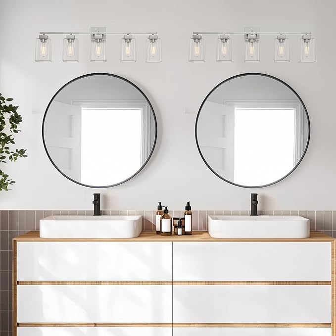 5 Light Bathroom Vanity Light - Brush Nickel Bathroom Light Fixtures Square Design & UL Certification, 31 Inch Long Light Fixtures Over Mirror for Bedroom & Restroom
