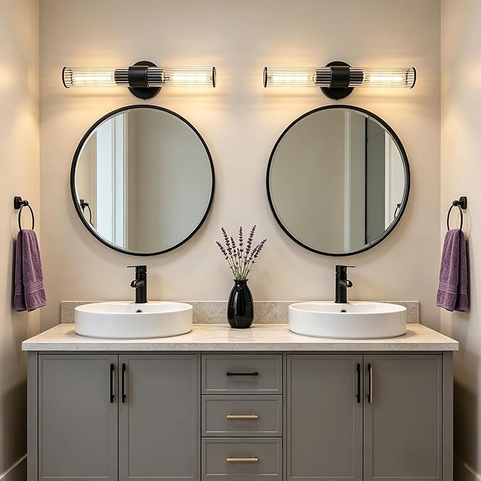 Bathroom Light Fixtures 2 Pack Hardwired, Black Wall Sconce Threaded Glass Vanity Light Featuring Two E26 sockets, Bathroom Wall Light Dimmable - Bulb Not Included, UL Certification