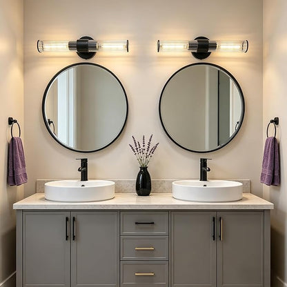 Bathroom Light Fixtures 2 Pack Hardwired, Black Wall Sconce Threaded Glass Vanity Light Featuring Two E26 sockets, Bathroom Wall Light Dimmable - Bulb Not Included, UL Certification