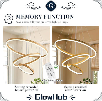 3-Ring LED Chandelier 24" Circular Pendant Light with Wood Grain Finish Dimmable Round Hanging Light Modern Farmhouse Chandeliers for Dining Room Foyer Office Adjustable 3000-6500K with Remote
