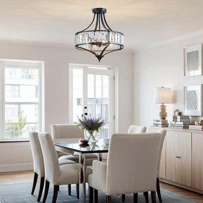 Crystal Black Ceiling Light Fixture, Modern Industrial Chandelier Semi Flush Ceiling Light for Dining Room Living Room Bedroom Hallway, Round Kitchen Lighting Fixtures Ceiling, 4 Lights