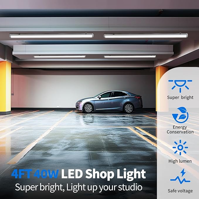 4FT Linkable 60W LED Shop Lights with Socket 3000K 4000K 6000K 6000LM for Garages Shop, Linear Work Light Fixture Hanging or FlushMount with Plug, ETL 4 Pack