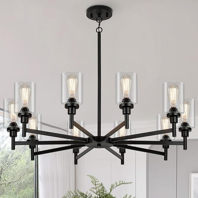 10 Light Large Black Farmhouse Chandelier | Rustic Chandeliers for Dining Room Light Fixture | Industrial Hanging Lighting with Clear Glass Cover for Living Room | Foyer | Staircase | Villa