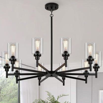 10 Light Large Black Farmhouse Chandelier | Rustic Chandeliers for Dining Room Light Fixture | Industrial Hanging Lighting with Clear Glass Cover for Living Room | Foyer | Staircase | Villa