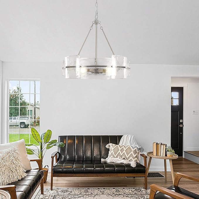 Modern Glass Dining Room Chandelier, 22 inch Brushed Nickel Drum Kitchen Island Light Fixture Luxury Textured Glass Water Ripple Crystal Chandeliers for Living Room Foyer Bedroom