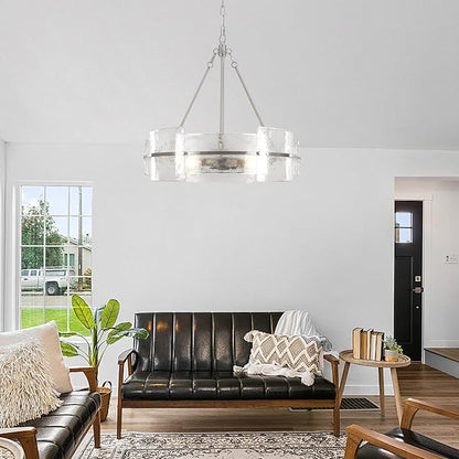 Modern Glass Dining Room Chandelier, 22 inch Brushed Nickel Drum Kitchen Island Light Fixture Luxury Textured Glass Water Ripple Crystal Chandeliers for Living Room Foyer Bedroom