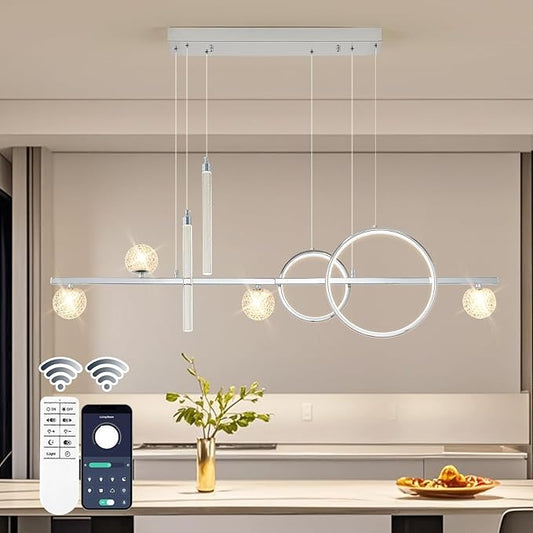 ORANOOR Modern LED Pendant Lights, Dimmable 47in Silver LED Chandelier Lighting, Upgraded Chrome Linear Dining Room Hanging Light Fixtures Kitchen Island Globe Pendant Light for Dining Table (4200lm)