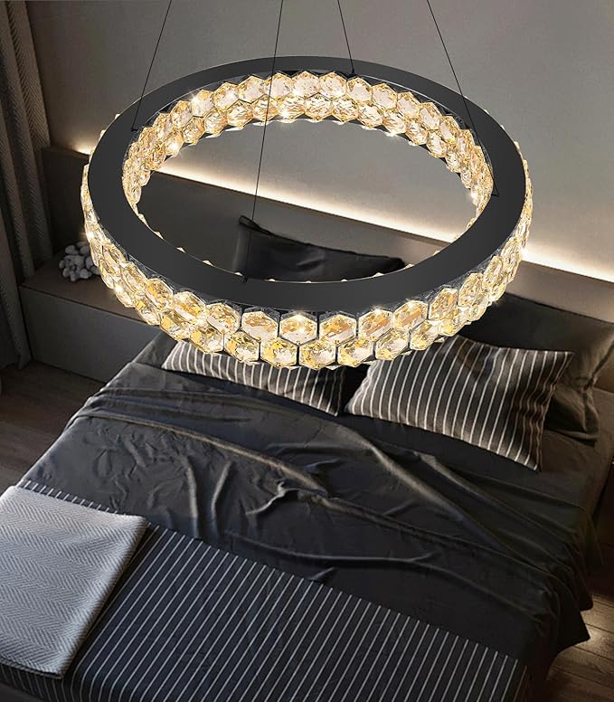 Modern Ring Chandelier, Crystal Chandeliers for Dining Room Round LED Ceiling Light Fixture for Living Room Bedroom Lighting Dimmable with Remote Black